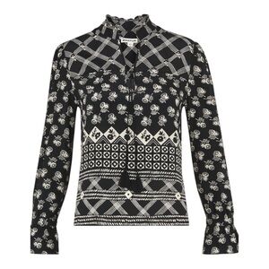 Whistles Aaliyah Crosshatch Silk Top Black White Floral Tie Neck US 6